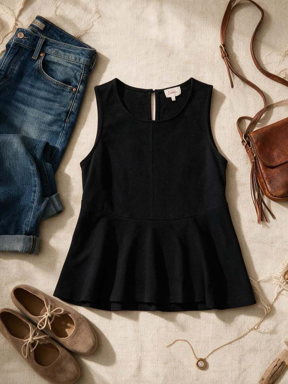 Deletta Anthropologie Black Boho Textured Sleeveless Tank Size L Minimalist
